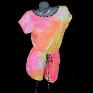 WHITE BIRCH LEISURE ROMPER TIE DYE LEOPARD TRIM SIZE MEDIUM NWOT